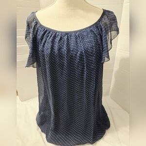 Luisa Ricci Women's L 100% Silk Blue Polka Dot Sheer Overlay Blouse Italy Lined